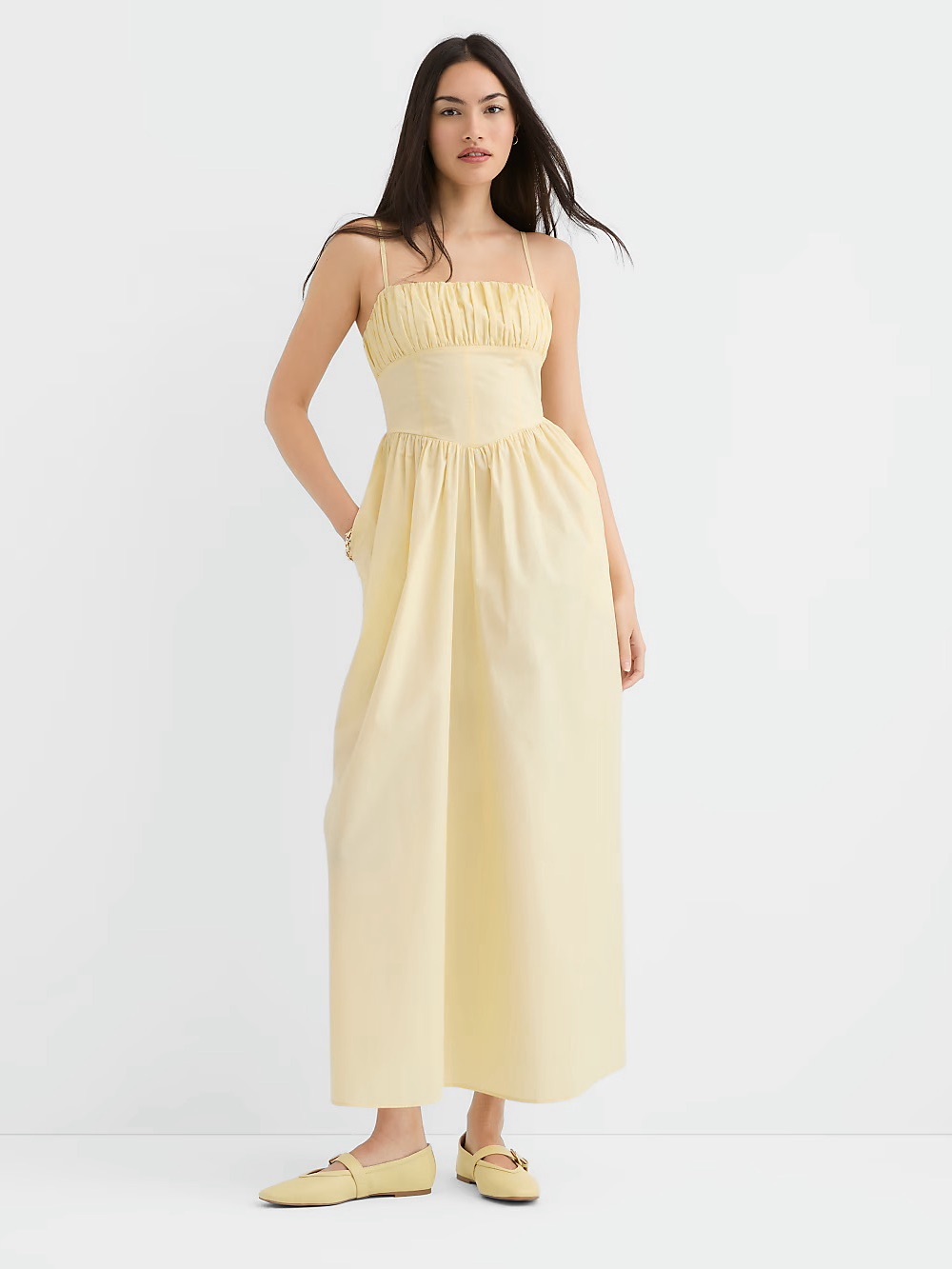 LOFT Poplin Bustier Midi Pocket Dress | Lemon Brulee Yellow | Sz 8 | Cotton